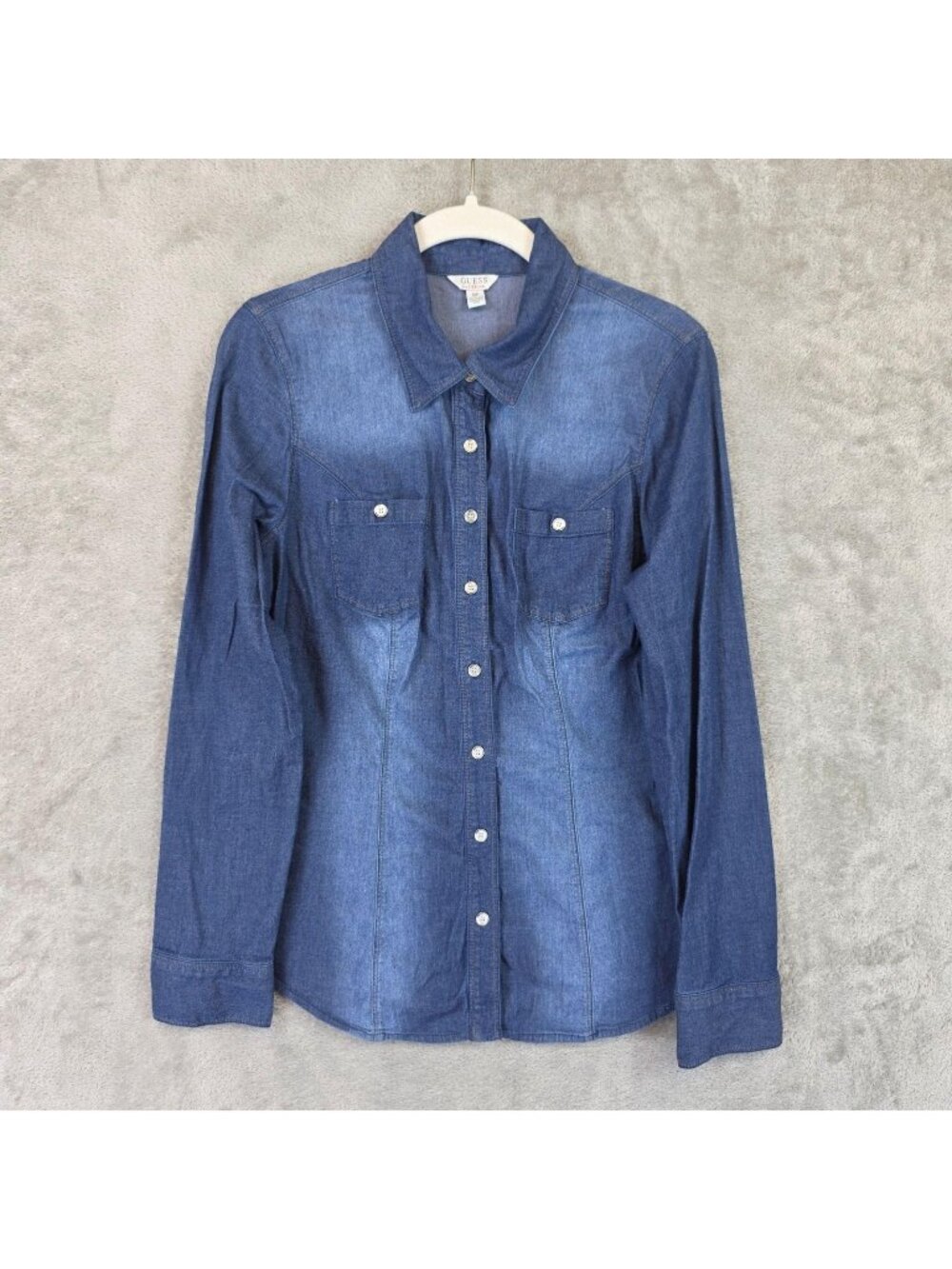 Guess Button Up Shirt Womens S Blue Denim Collared Long Sleeve Fitted Western